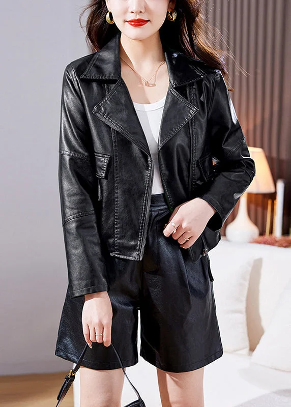 Black Patchwork Faux Leather Jackets Long Sleeve