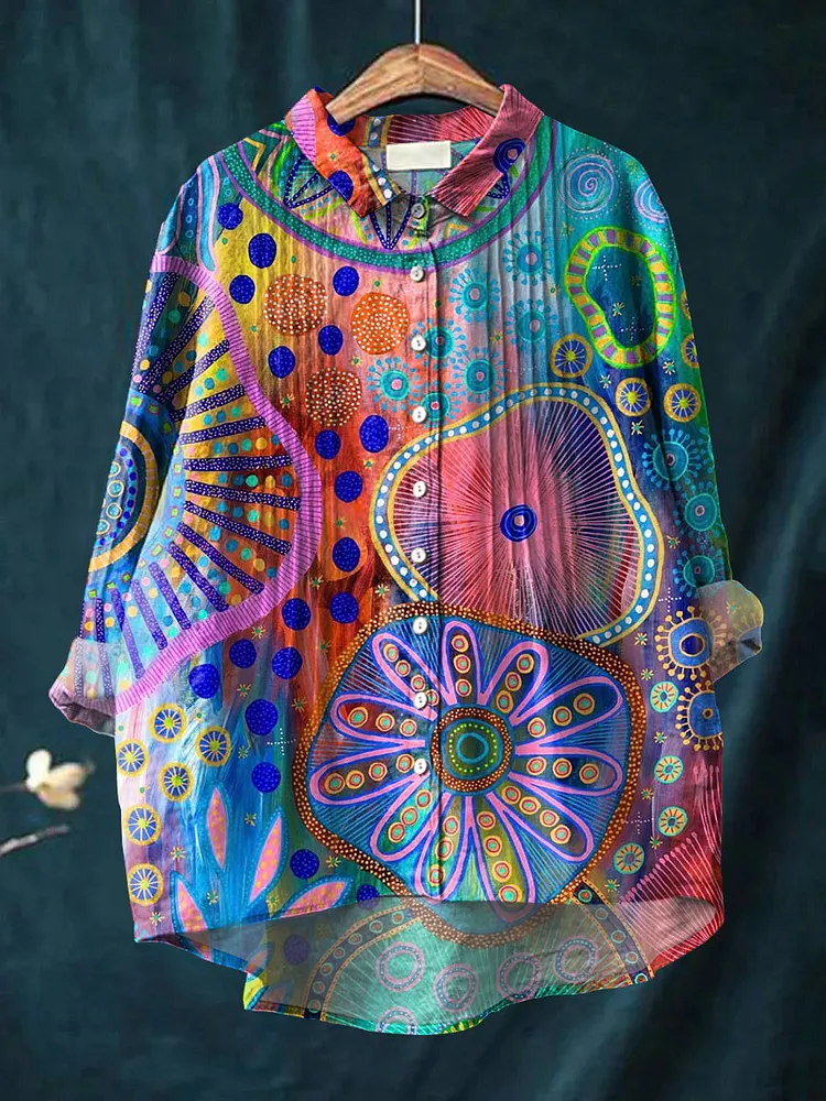 Women's Abstract Colorful Circular Floral Geometric Painting Art Print Casual Cotton And Linen Ruffle Shirt