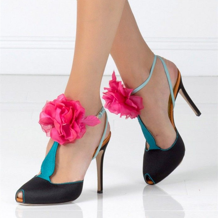 Black And Blue T Strap Sandals Peep Toe Stiletto Heels With Flowers |FSJ Shoes