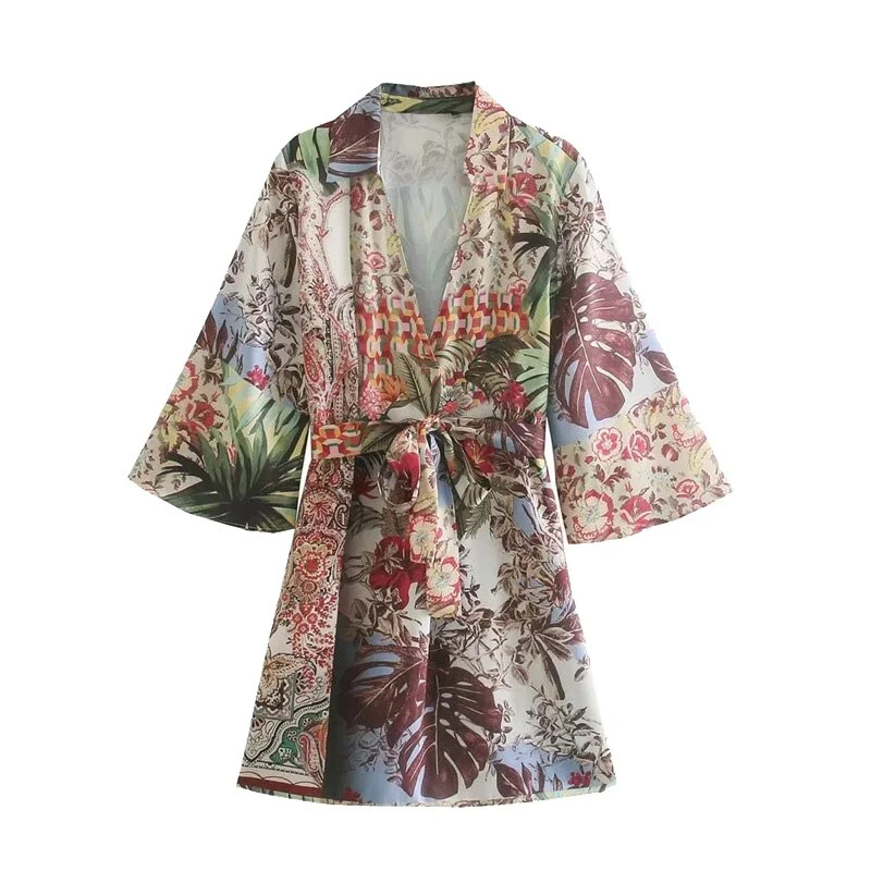 TRAF Women Chic Fashion With Belt Floral Print Mini Dress Vintage Three Quarter Sleeve Side Slit Female Dresses Mujer