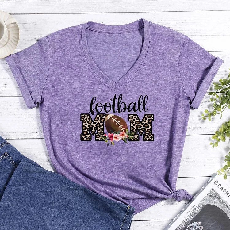 Football Mom leopard V-neck T Shirt-Annaletters