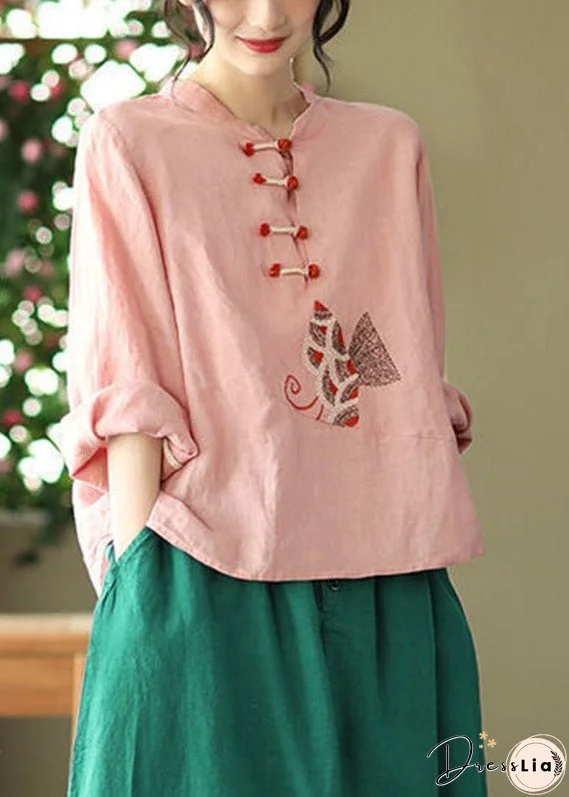 Plus Size Pink O-Neck Embroideried Linen Top Long Sleeve