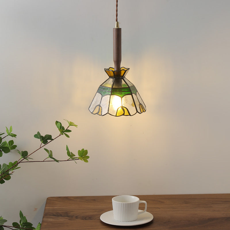 Traditional Tiffany Dome Glass Wood Copper 1-Light Pendant Light For Living Room