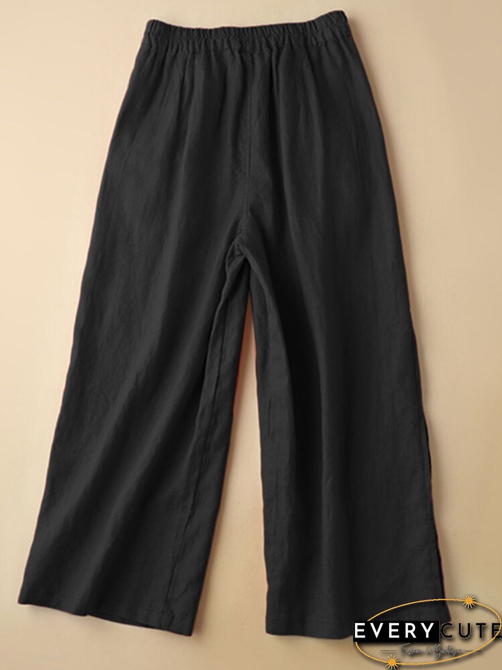 Solid Pocket Elastic Waist Straight Leg Casual Pants
