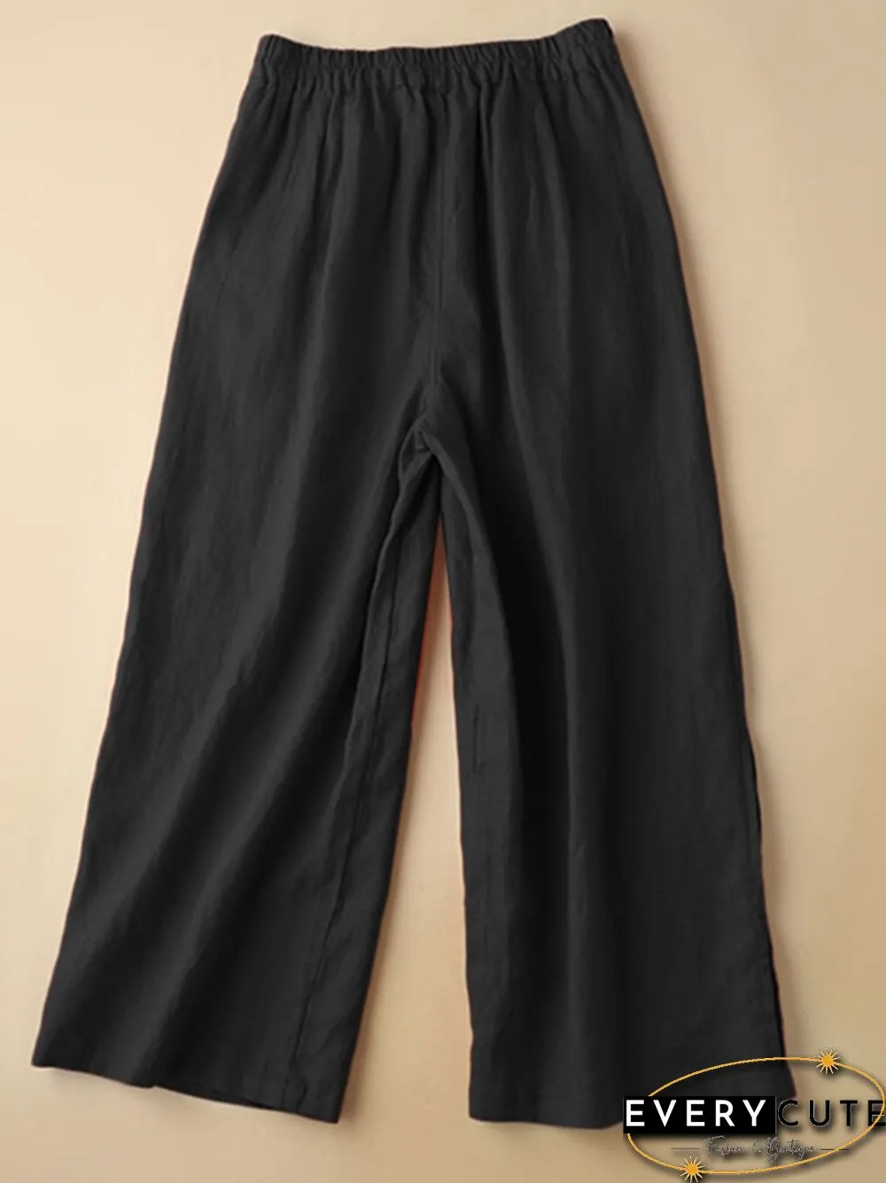 Solid Pocket Elastic Waist Straight Leg Casual Pants