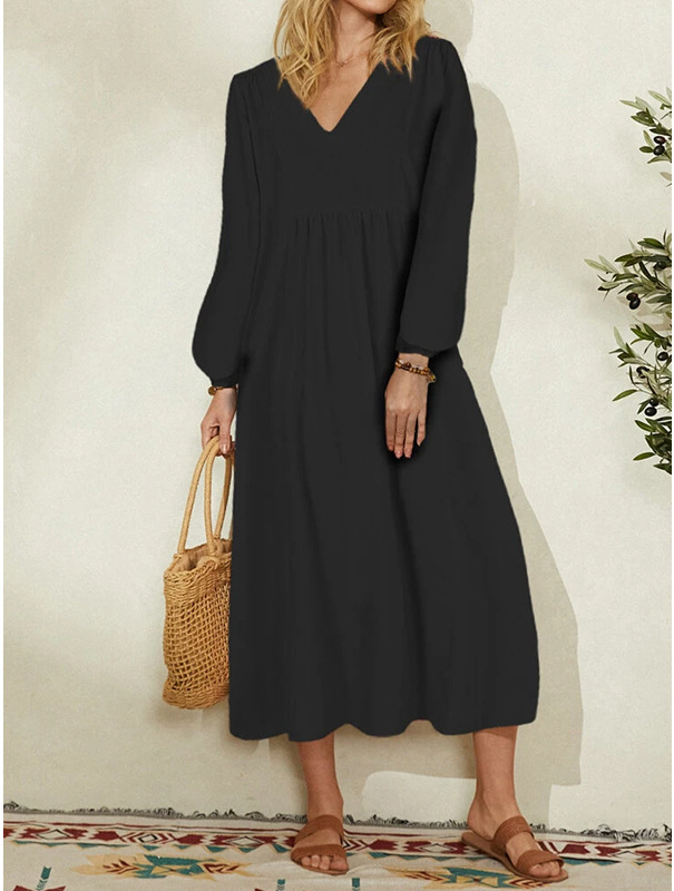 Solid Color Fashion V Neck Cotton Linen Loose Casual Holiday Midi Dress