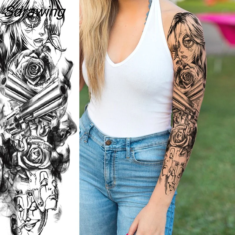 Sdrawing Skull Rose Temporary Sleeve Tattoos For Women Girls Realistic Fake 3D Tatoos Washable Peony Full Arm Sleeve Tatoo Paste