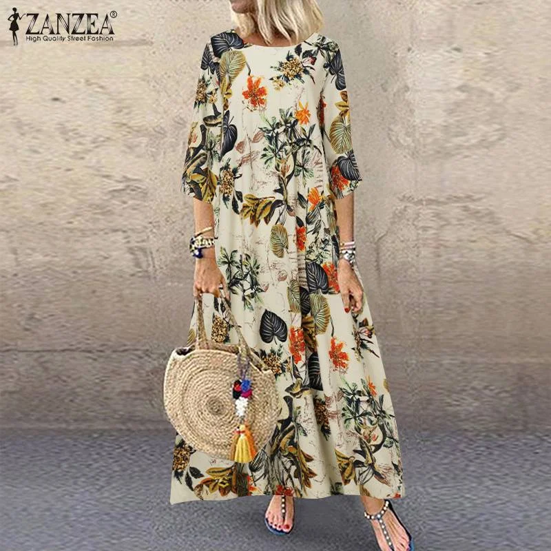 ZANZEA Autumn 3/4 Sleeve Polka Dot Printed Long Dress Vintage Women's Cotton Linen Dresses Female Kaftan Vestido Femme Sundress