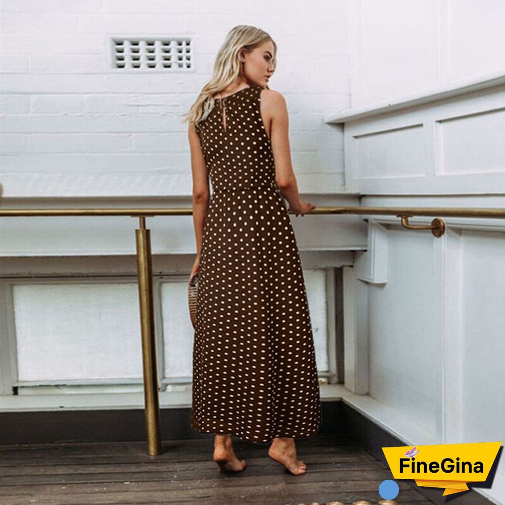 Women Loose Sleeveless Holiday Dot Print Long Maxi Dress Evening Party Beach Dresses Summer Sundress