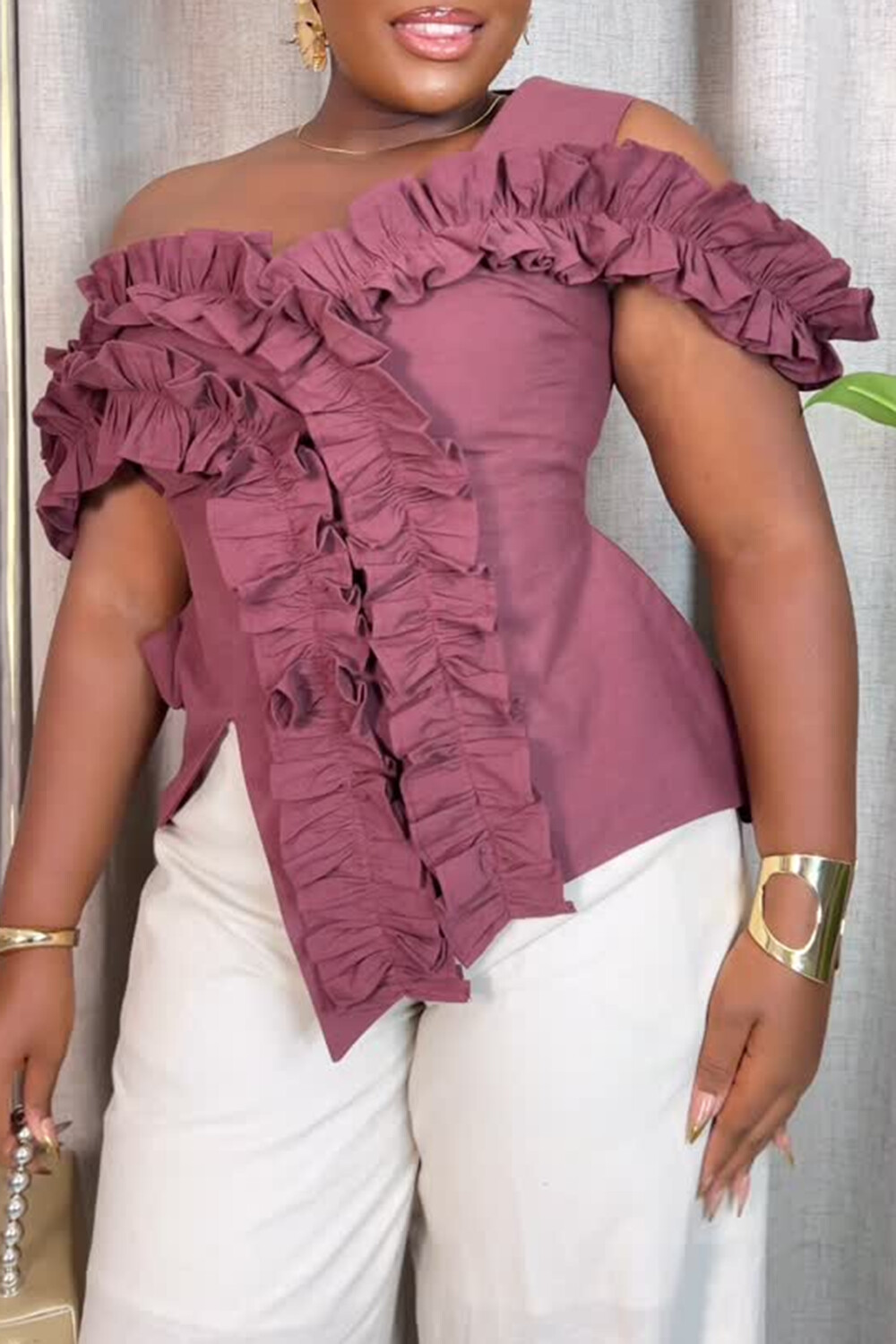 Plus Size Business Casual Purple Elegant One Shoulder Pleated Blouses [Pre-Order]