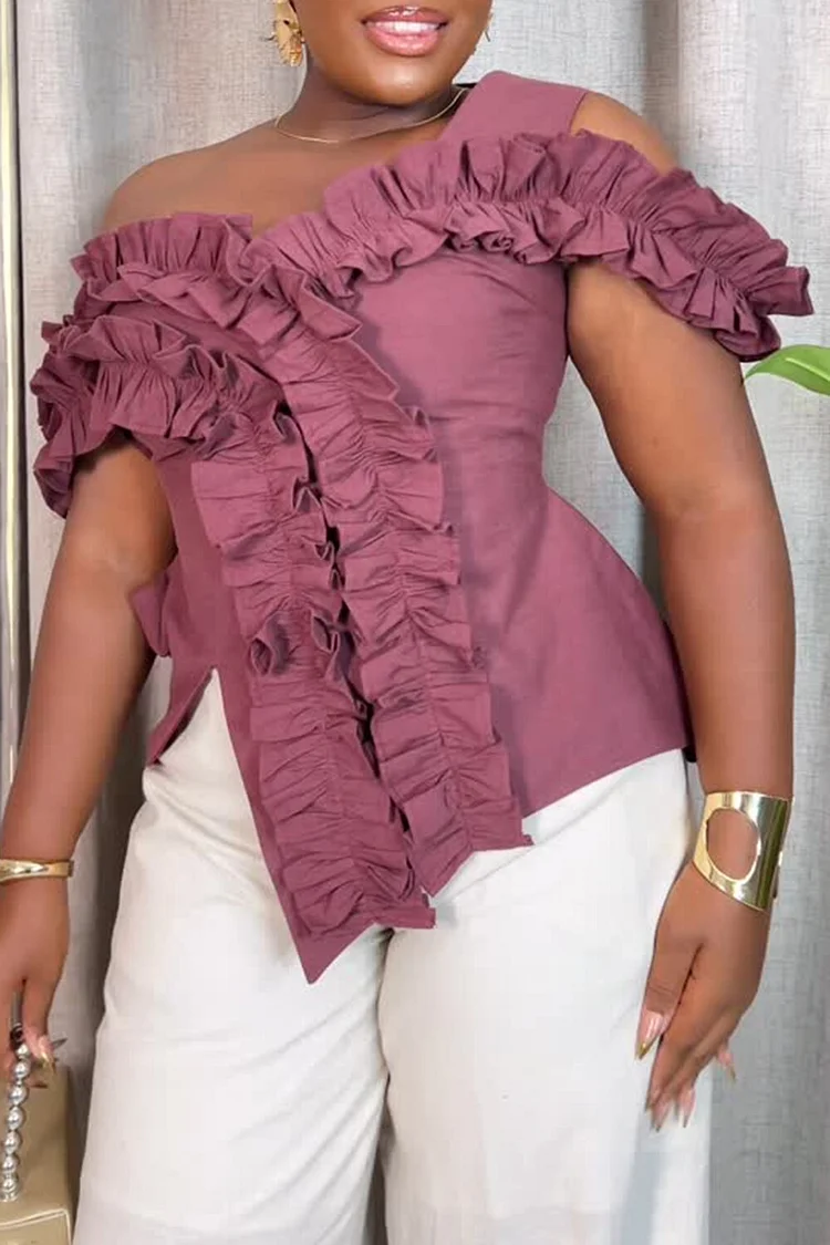 Plus Size Business Casual Purple Elegant One Shoulder 3D Pleated Blouses [Pre-Order] 2024 - Xpluswear