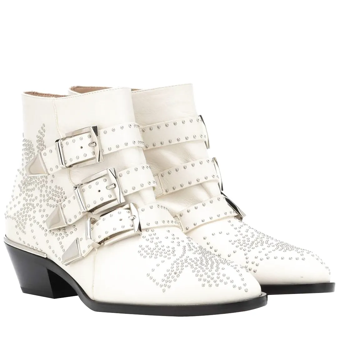 Women's Rivets Metal Buckle Low Heels Ankle Boots-vocosishoes