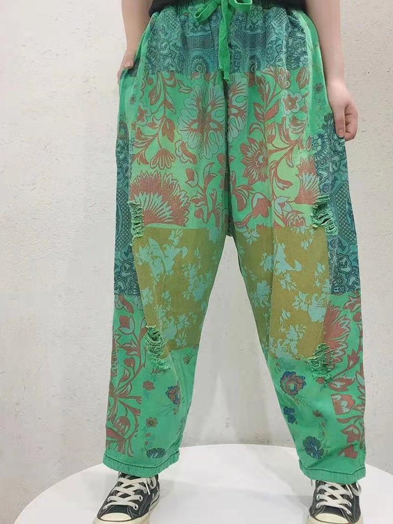 Women's Floral Printed Casual Wide Leg Ripped Denim Cropped Pants