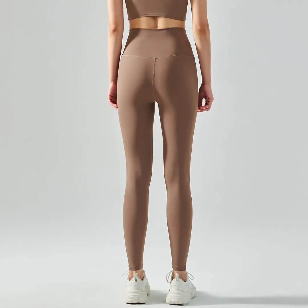Different types of women's mid strength side cross widened waist tummy control moisture wicking traceless sports tight capri leggings online shopping on Hergymclothing Chocolate