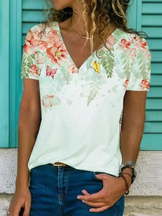 Women's Short Sleeve V-neck Printed Tops