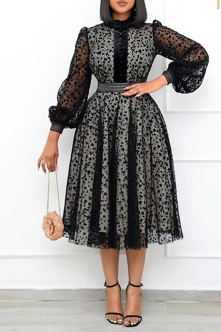 Plus Size Semi Formal Midi Dresses Elegant Black Marble Fall Winter Mock Neck Lantern Sleeve See-Through Mesh Midi Dresses [Pre-Order]