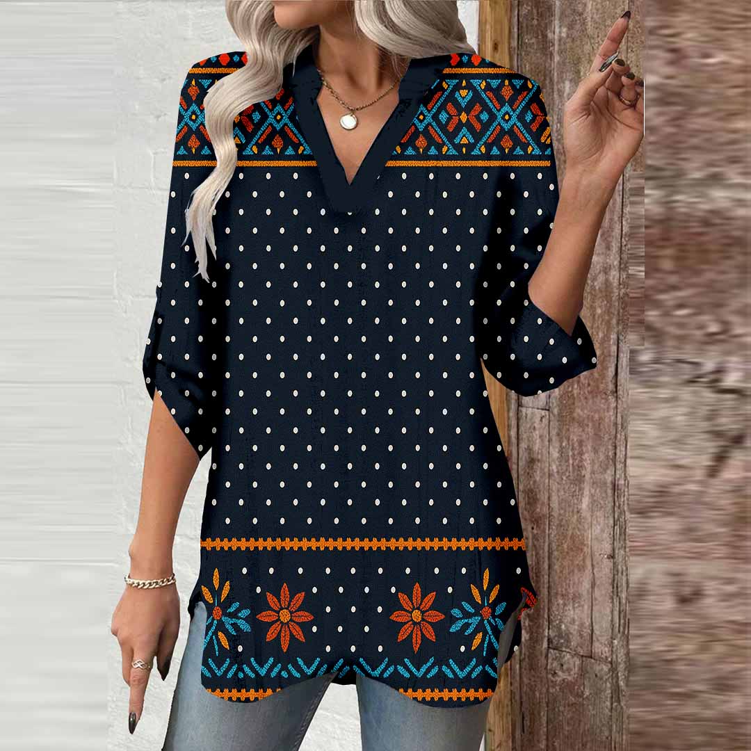 Women Polka-Dot,Red,Black DZGA0305 3/4 Sleeve V-neck Printed Graphic Button Tops