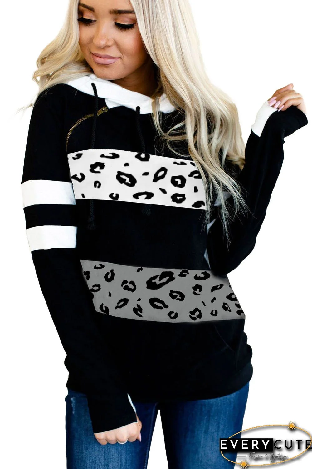 Leopard Patchwork Inclined Zipper Thumb Hole Long Sleeve Hoodie