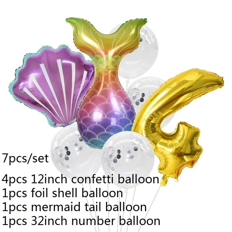 7pcs Mermaid Party Balloons 0 1 2 3 4 5 6 7 8 9 Number Foil Balloon Kids Birthday Party Decorations Baby Shower Helium Globos