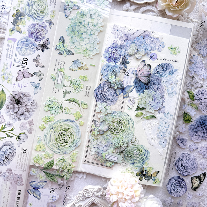 PET 테이프 - 60mm*6m 빈티지 수국 꽃 나비