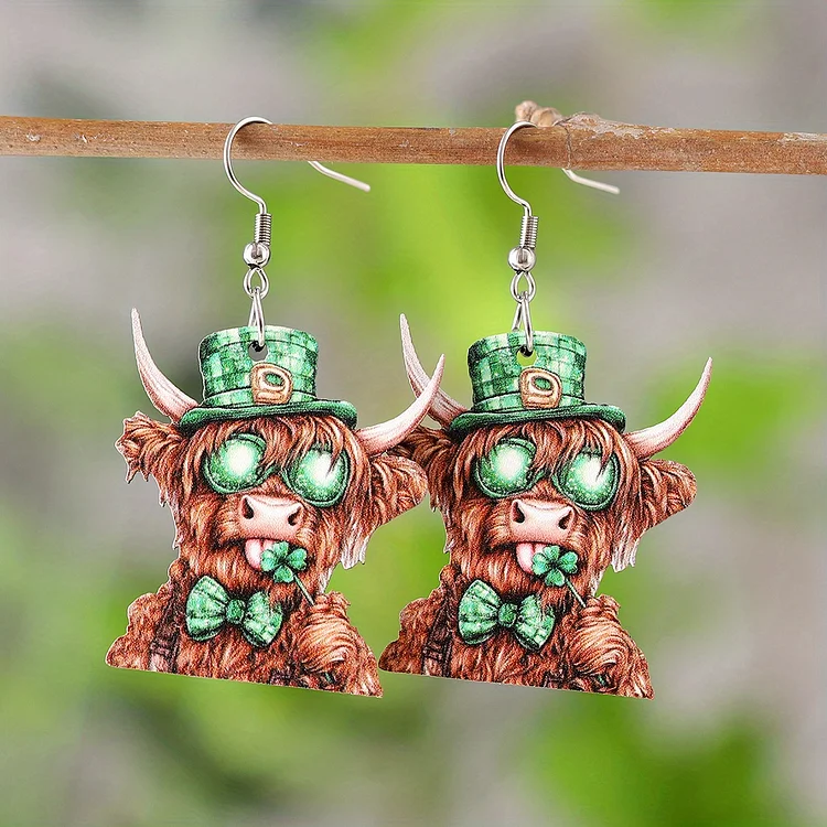 St. Patrick's Day Vintage Green Clover, Bow Tie, Hat & Fashion Glasses Highland Cow Earrings