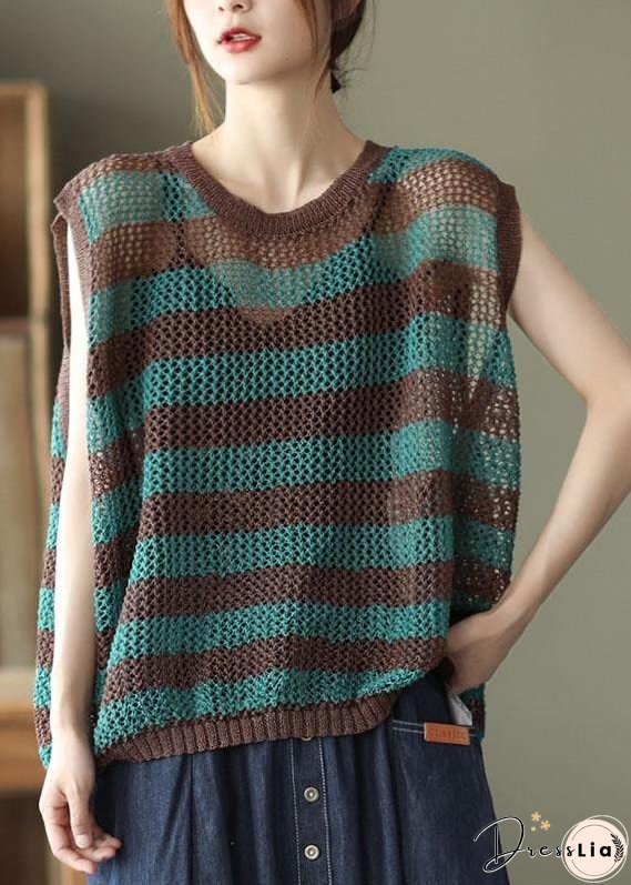 Mulberry Striped Hollow Out Summer Linen Tank Sleeveless