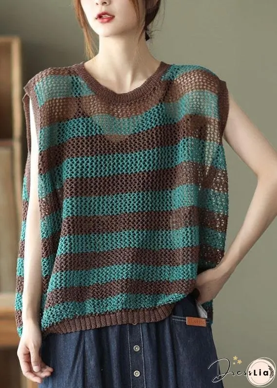 Mulberry Striped Hollow Out Summer Linen Tank Sleeveless