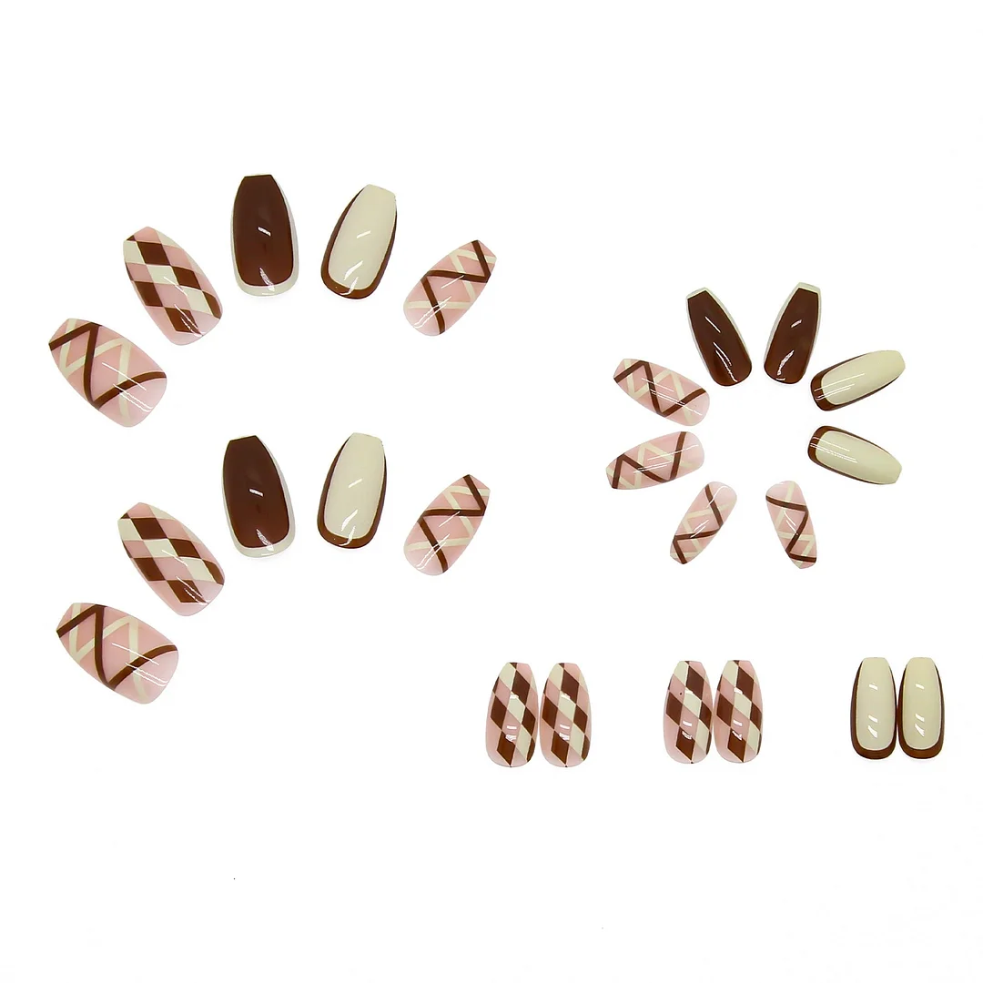 24Pcs/Set French Rhombus Designs False Nail Full Cover Fake Nails with Glue Detachable Wearable DIY Manicure Nail Art Tools-Nail Inspo