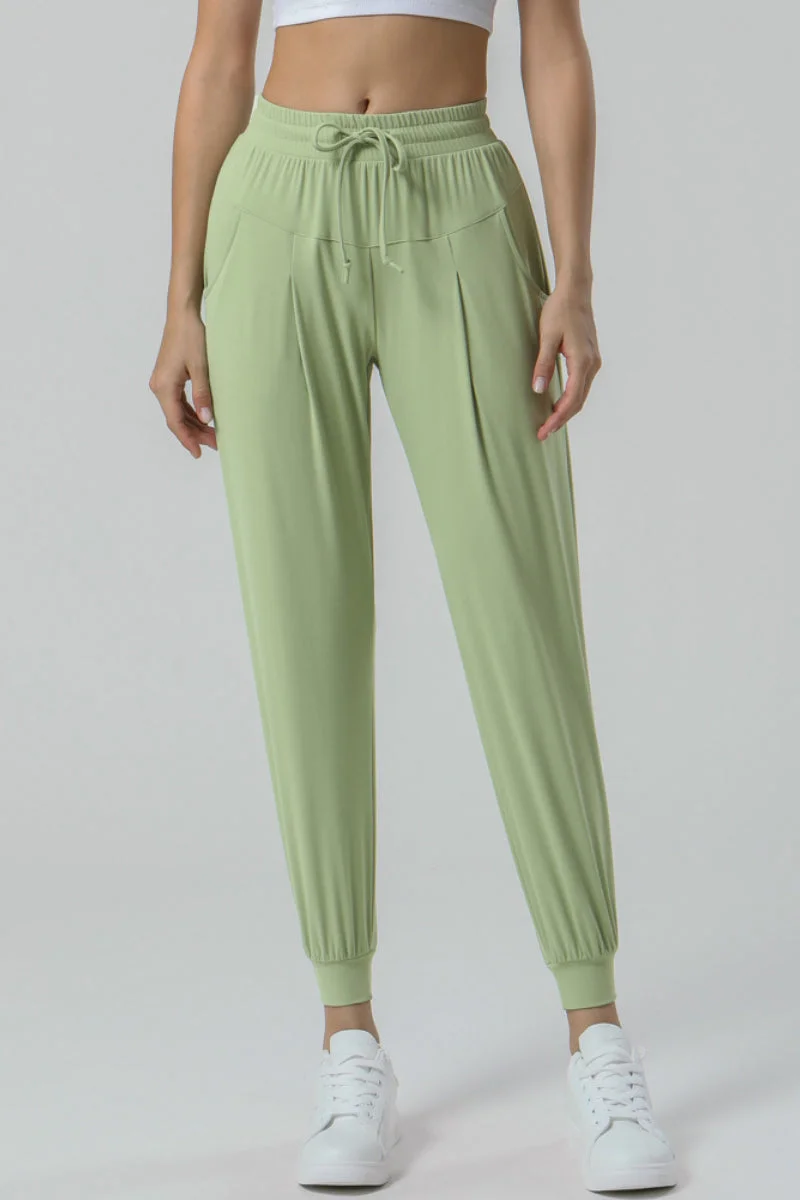 High Waisted Drawstring Side Pocket Plain Casual Ankle Crop Pants
