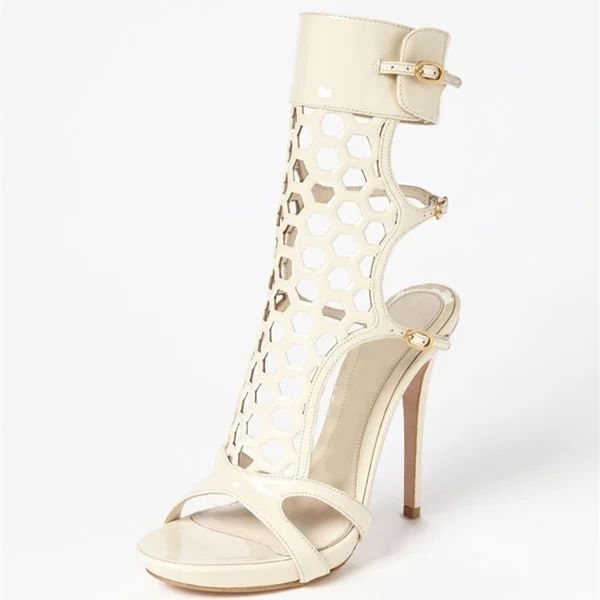 Ivory Patent Leather Open Toe Buckled Honeycomb High Heel Sandals |FSJ Shoes