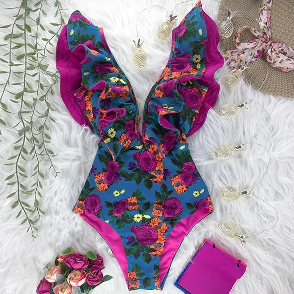 2022 New Sexy Ruffle Print Floral One Piece Swimsuit Off The Shoulder Swimwear Women Solid Deep-V Beachwear Bathing Suit Monkini