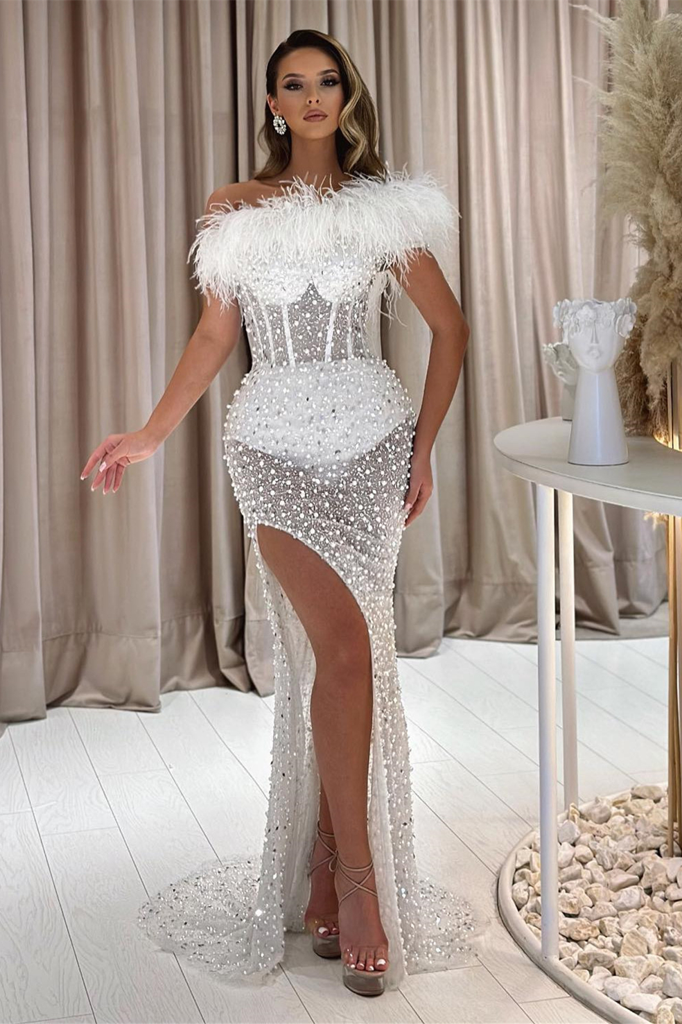 Bellasprom White Mermaid Prom Dress Off-the-Shoulder Slit Long With Pearls Feather Sequins Bellasprom