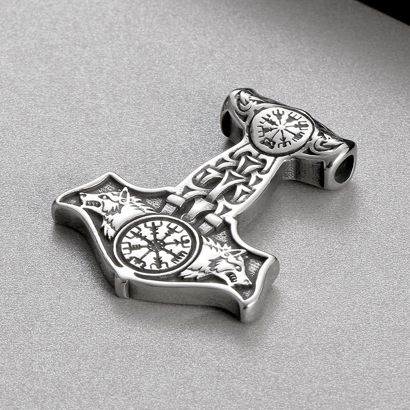 Thor's Hammer Compass Rune Double Wolf Pendant