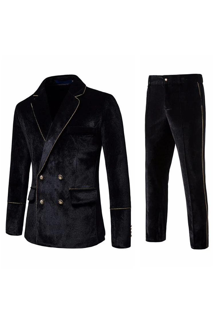 Velvet Gold Trim Double Breasted Blazer Pants Two Piece Set
