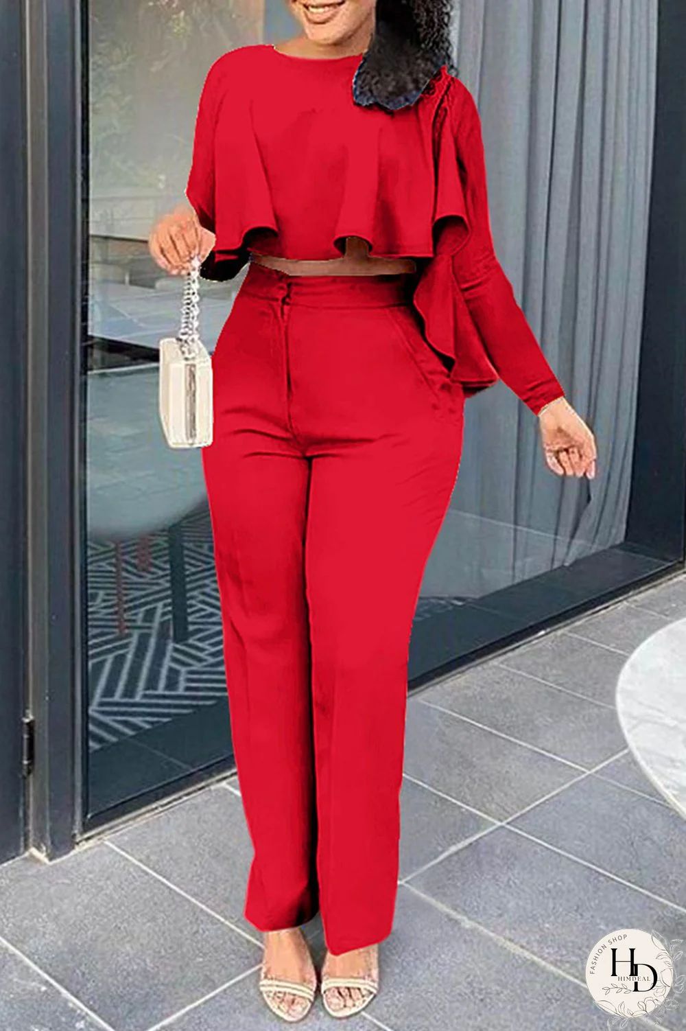 Red Fashion Casual Solid Patchwork O Neck Long Sleeve Two Pieces