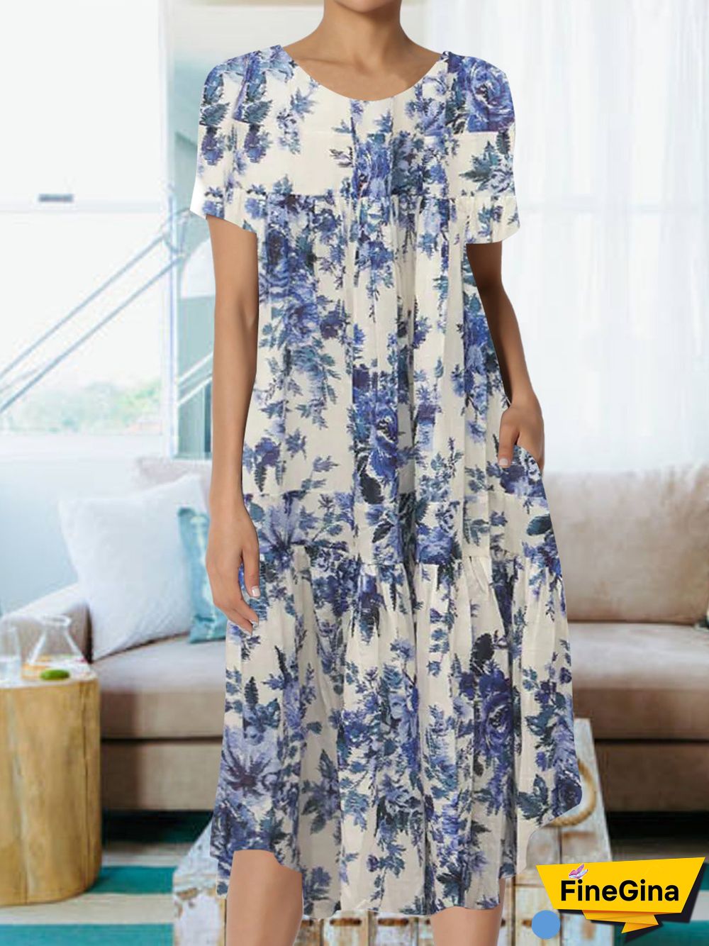 Women Short Sleeve Scoop Neck Floral Printed Midi Dress with Pockets