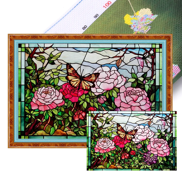 Glass Painting Rose Butterfly 11CT (60*40CM) Stamped Cross Stitch gbfke
