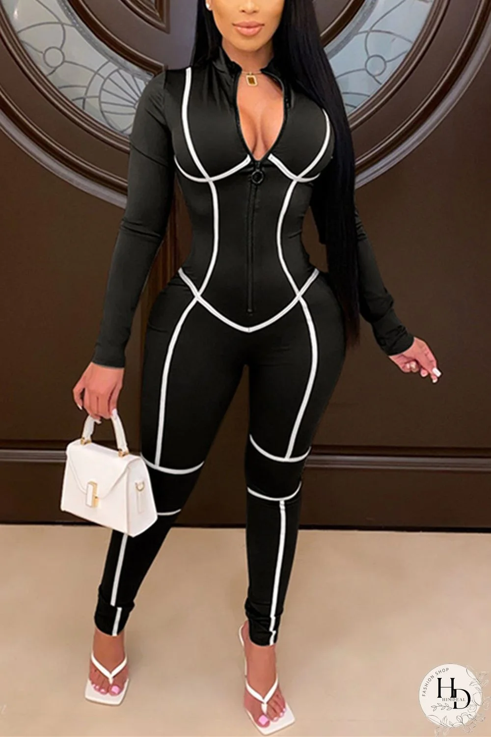 Black Fashion Casual Patchwork Split Joint Zipper Collar Skinny Jumpsuits