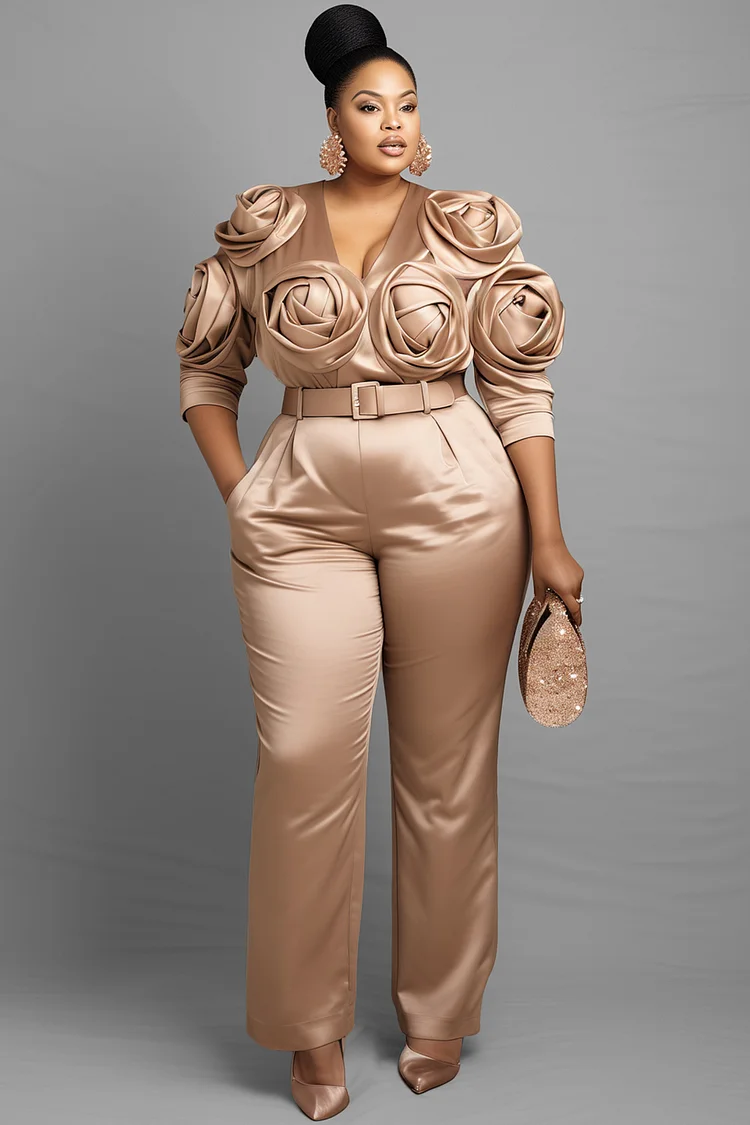 Xpluswear Design Plus Size Formal Champagne V Neck 3/4 Sleeve 3D Pocket Satin Jumpsuits [Pre-Order]