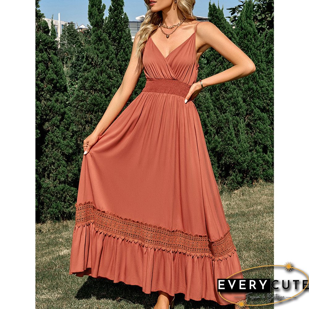 Orange Maxi Dress Slim Fit V Neck Maxi Dress