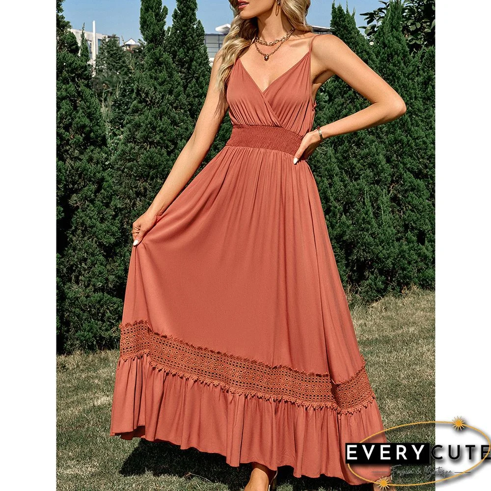 Orange Maxi Dress Slim Fit V Neck Maxi Dress