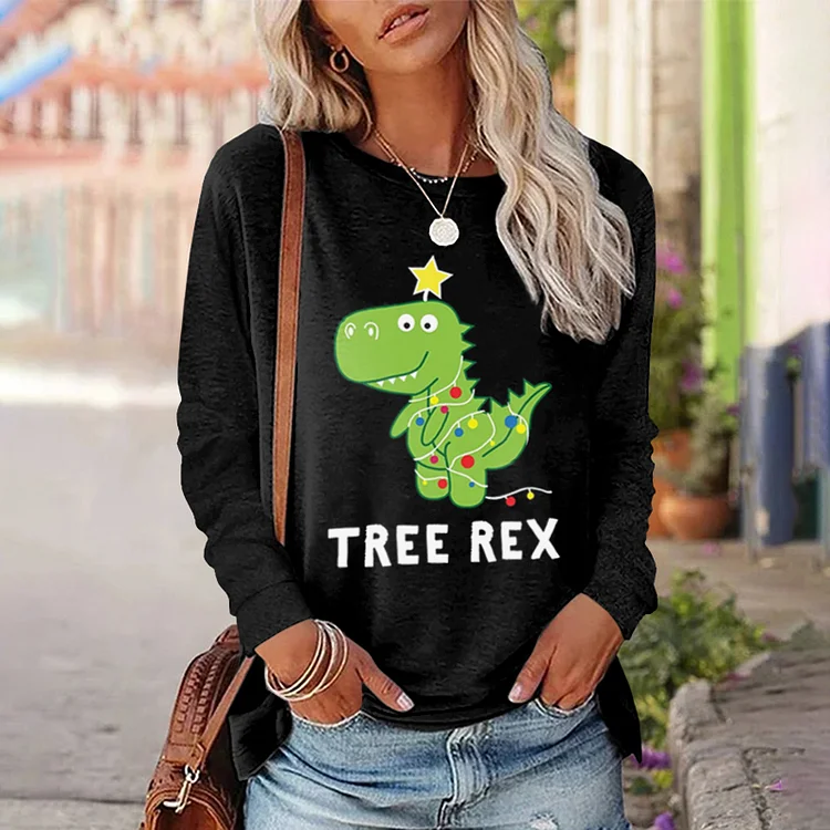 Wearshes Christmas Dinosaur Print Long Sleeve Sweatshirt