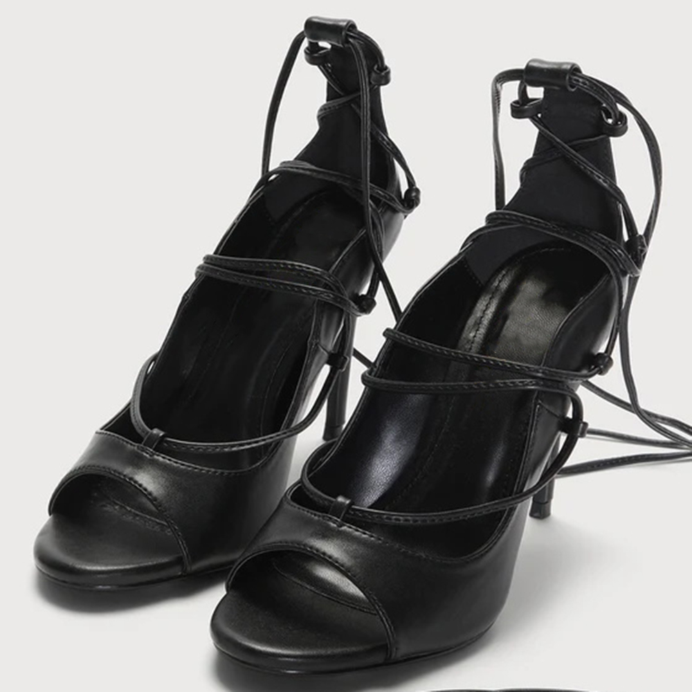 Black Vegan Leather Open Toe 4'' Stiletto Heel Lace Up Sandals Nicepairs