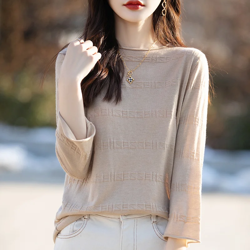 Churchf Churchf And Summer Thin Round Collar Jacquard Wool Knit T-Shirt Women's Seven Minute Sleeve Solid Color Bottom Sweater Middle Sleeve Cashmere Top