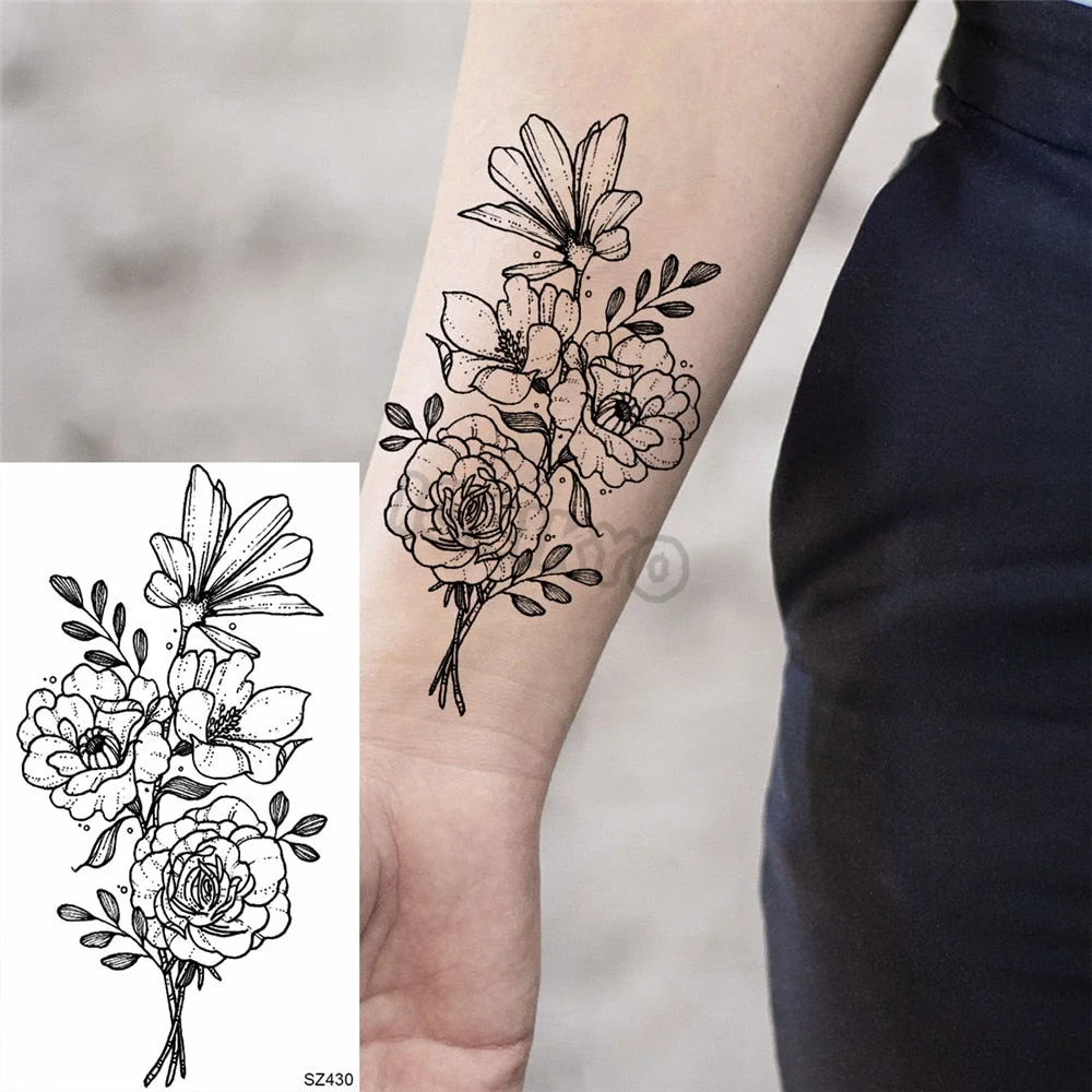 Black Florals Temporary Tattoos For Women Girls Watercolor Hummingbird Lavender Fake Tattoo Sticker Waterproof Arm Body Tatoos