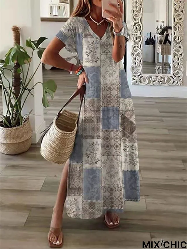 Women's Long Dress Maxi Dress Casual Dress T Shirt Dress Tee Dress Print Dress Floral Striped Basic Casual Outdoor Holiday Vacation Split Print Short Sleeve V Neck Dress Loose Fit White Blue Orange