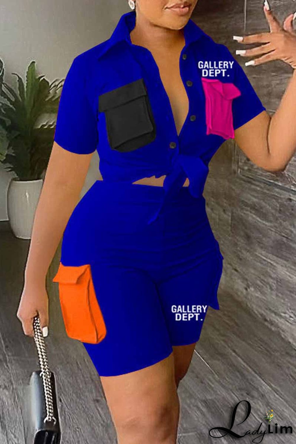 Orange Street Print Patchwork Letter Turndown Collar Short Sleeve Two Pieces