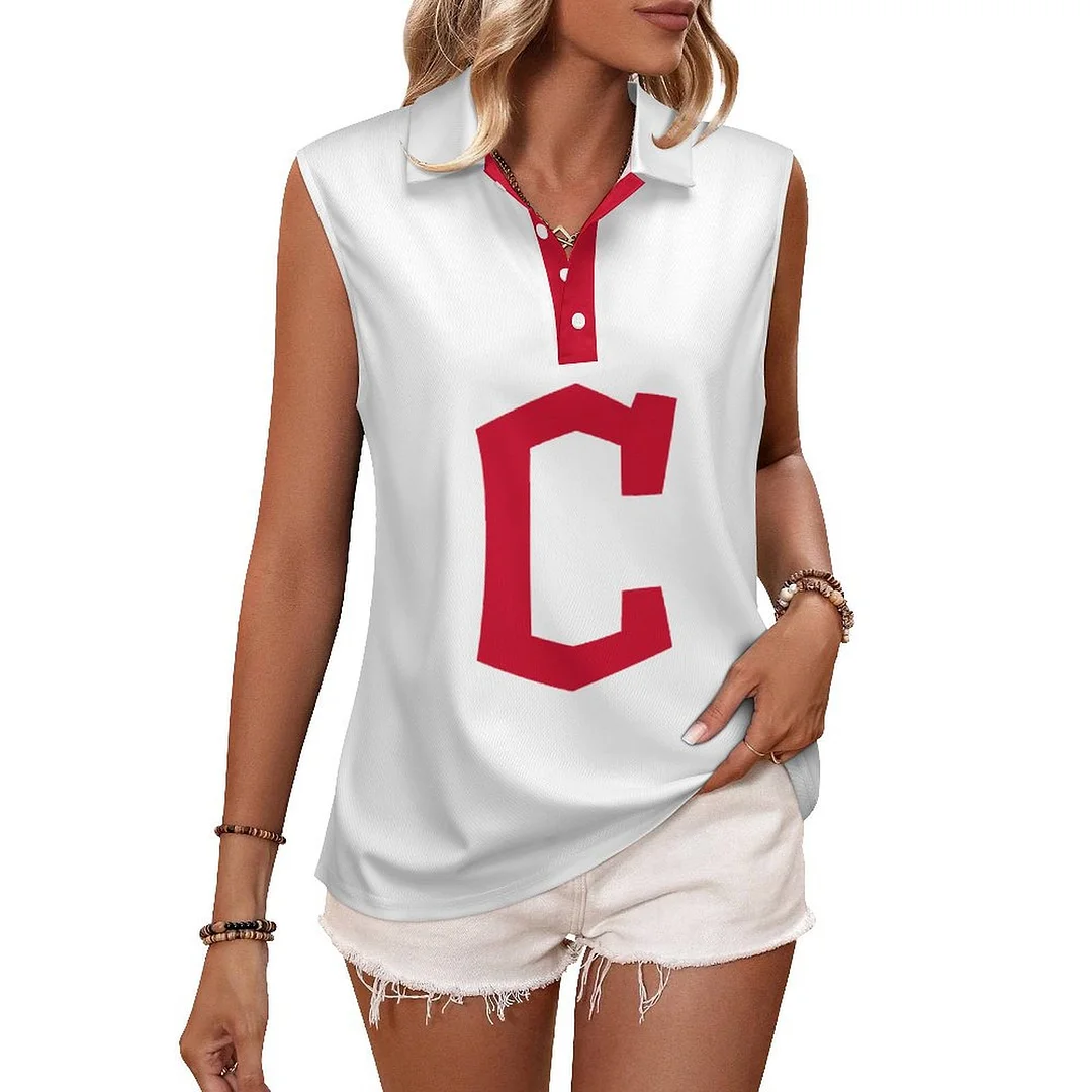 V-neck Sleeveless Casual POLO Shirt Tank Top for Women Printed with Pattern,Navy,Red,White