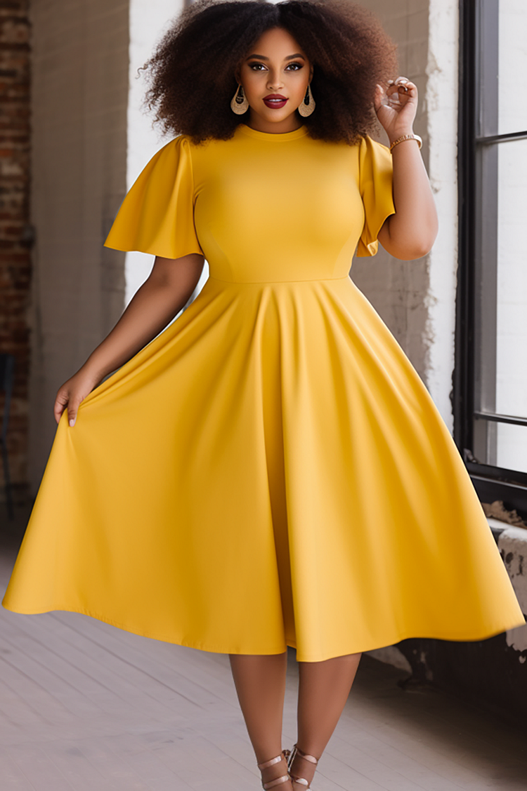 Xpluswear Design Plus Size Daily Yellow Round Neck Flare Short Sleeve Knitted Midi Dresses
