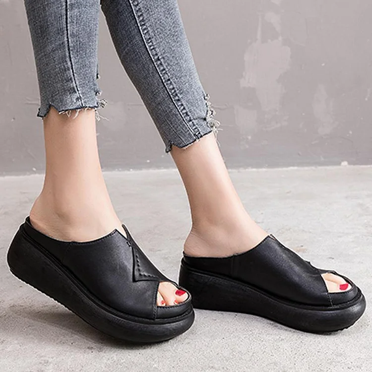 Women 2022 Sewing Platform Casual Leather Slippers